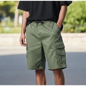 Akademiks Sz M Olive Green Cargo 10” Drawstring Mens Casual Cotton Shorts
